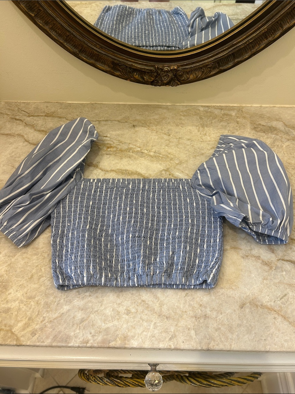 Altar'd State Blue and White Striped Smocked Puff-Sleeve Crop Top